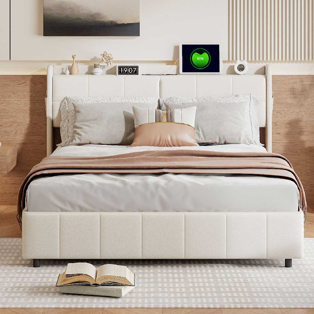 Yelenaro Polsterbett 140x200 cm in Weiß – elegantes LED-Bett mit gepolstertem Kopfteil, USB-Ladeanschluss und modernem Design.