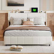 Yelenaro Polsterbett 140x200 cm in Weiß – elegantes LED-Bett mit gepolstertem Kopfteil, USB-Ladeanschluss und modernem Design.