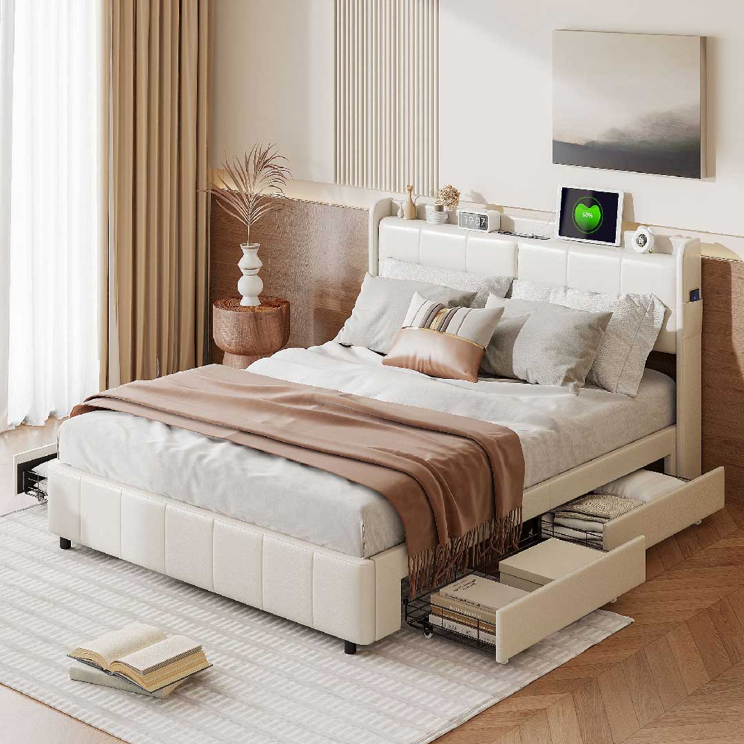 Weißes Yelenaro Polsterbett mit vier Rollschubladen, LED-Beleuchtung und USB-Anschluss – praktisches Funktionsbett für moderne Schlafzimmer.