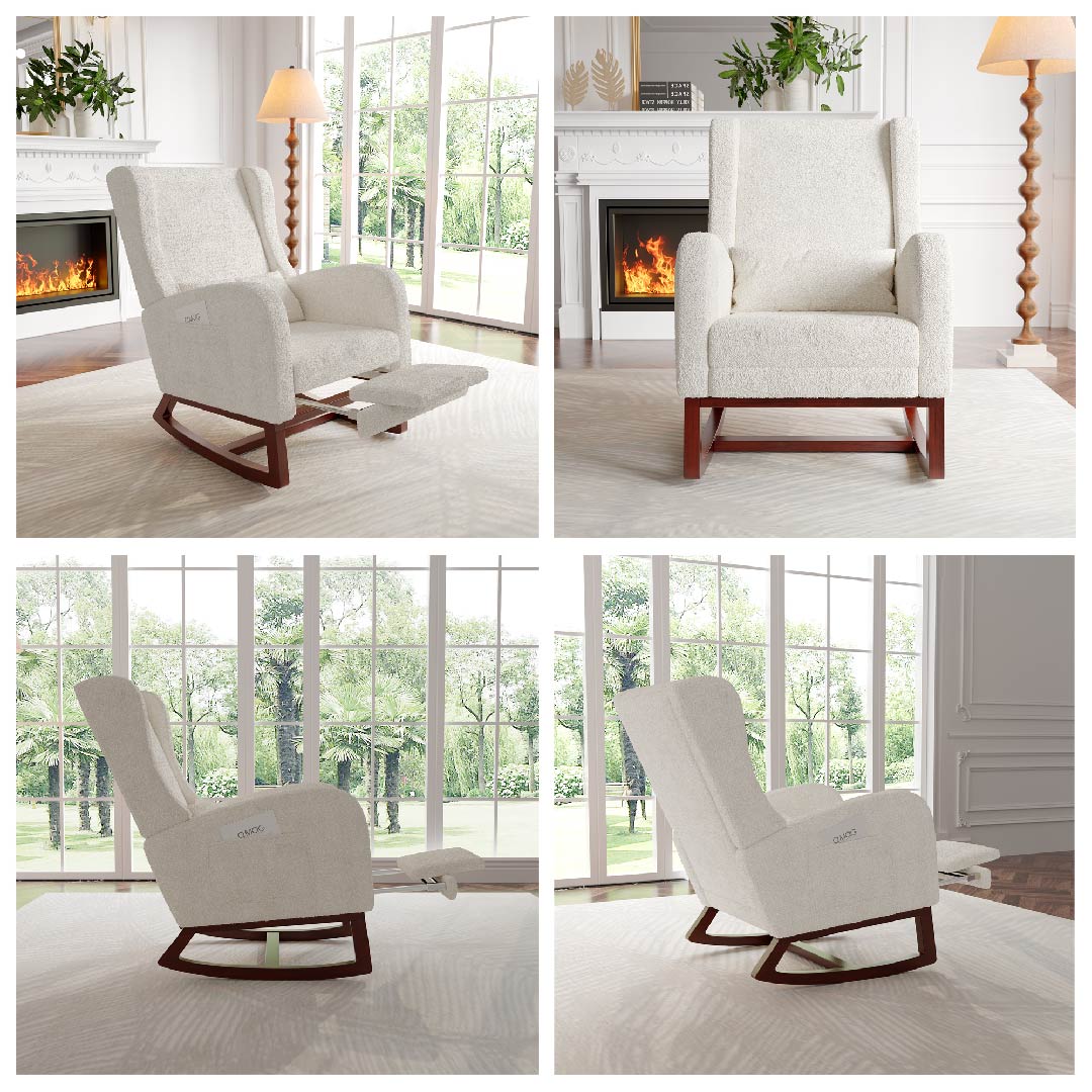 Yelenaro Schaukelstuhl mit Fußstütze – Verstellbarer Relaxsessel mit Lendenkissen & Seitentaschen, Leinen oder Schafwolle