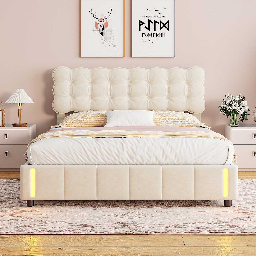 Yelenaro Polsterbett mit Stauraum & LED – Samtbett mit Sensorlicht