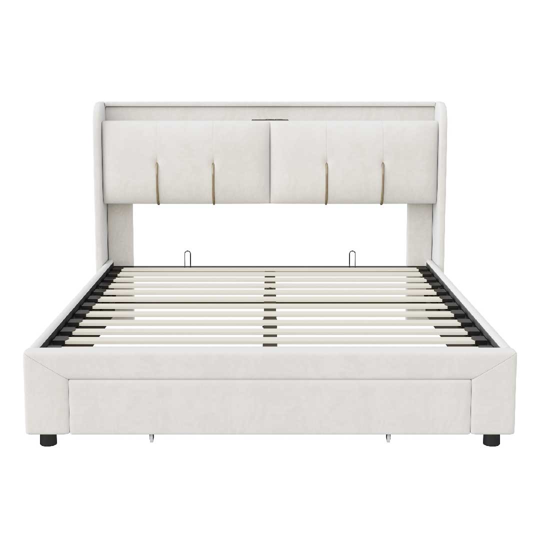 Frontansicht des Yelenaro Polsterbetts 140x200 cm in Samt Beige – modernes Bett mit USB-Anschluss, LED-Beleuchtung und Stauraum.