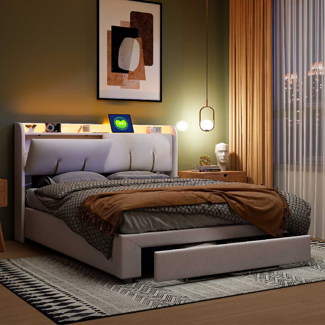 Stimmungsvolles Schlafzimmer mit Yelenaro Samt-Polsterbett in Beige – LED-beleuchtetes Bett mit USB-Anschluss und Stauraum.