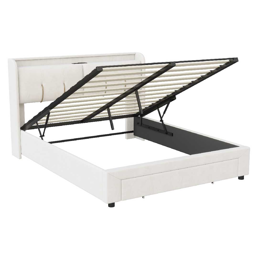 Hydraulisches Yelenaro Polsterbett mit aufklappbarem Stauraum – robustes Bettgestell aus Metall mit Samtbezug in Beige und USB-Anschluss.