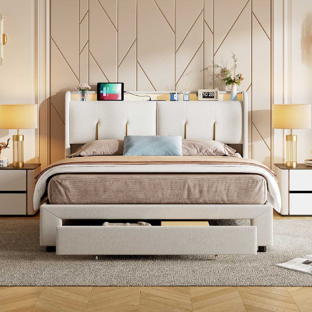 Yelenaro Polsterbett in Beige mit LED-Beleuchtung und USB-Anschluss – elegantes Samtbett mit Schublade und hydraulischem Stauraum.