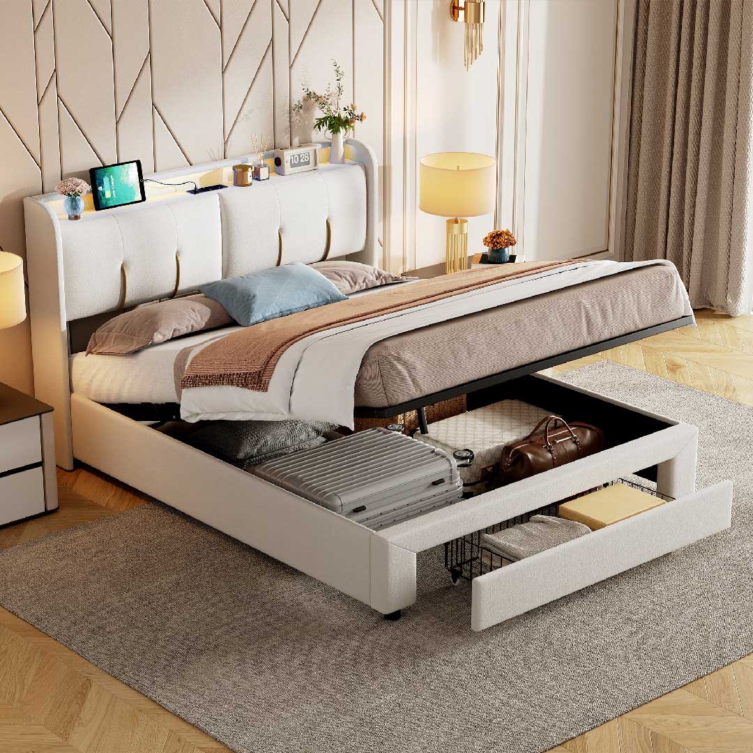 Yelenaro Hydraulikbett mit Stauraum unter der Liegefläche – funktionales Polsterbett in Samt Beige mit LED-Licht und Ladeanschlüssen.