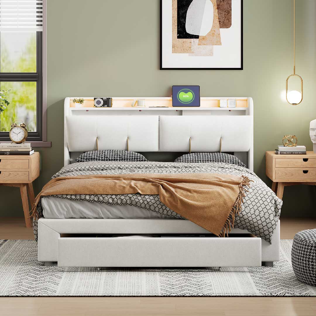 Modernes Schlafzimmer mit Yelenaro Polsterbett in Samt Beige – Bett mit LED-Beleuchtung, USB-Anschluss und Stauraum für stilvolle Einrichtung.