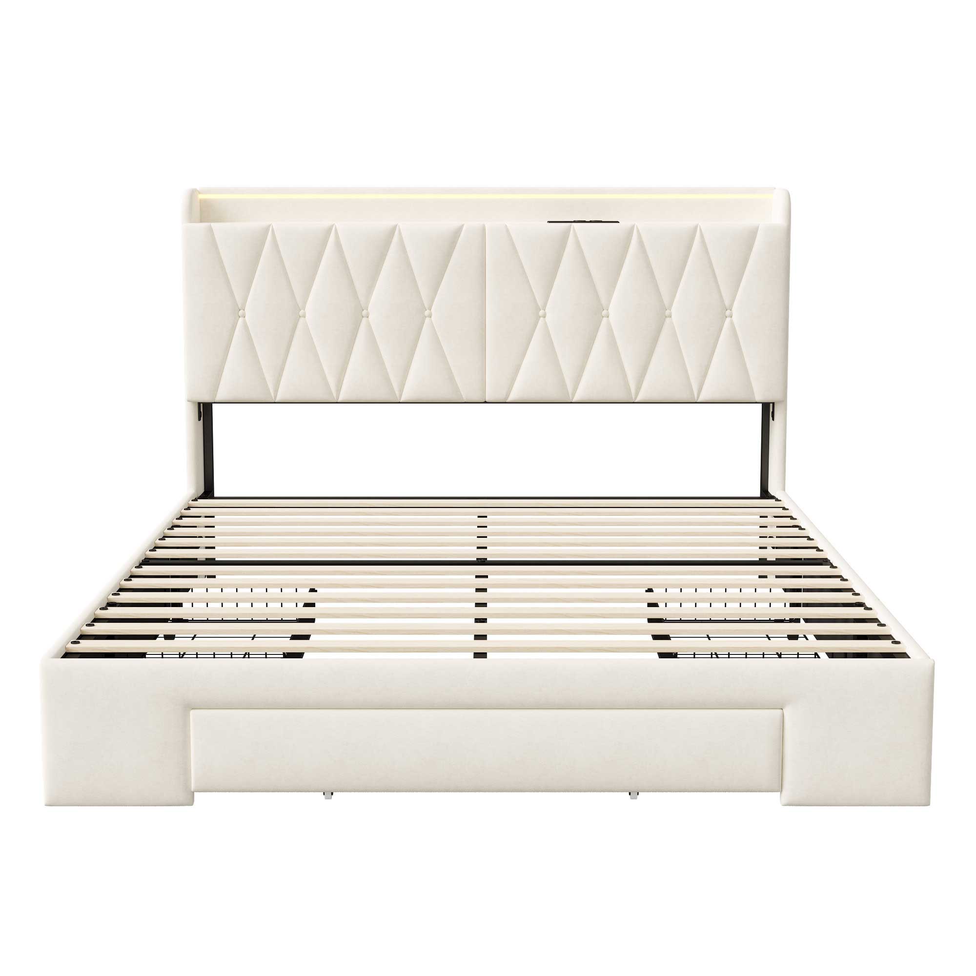 Yelenaro Samtbett 160x200 cm mit gepolstertem Kopfteil, LED-Lichtleiste und integriertem USB-Typ-C-Anschluss – modernes Bett aus Samtstoff.