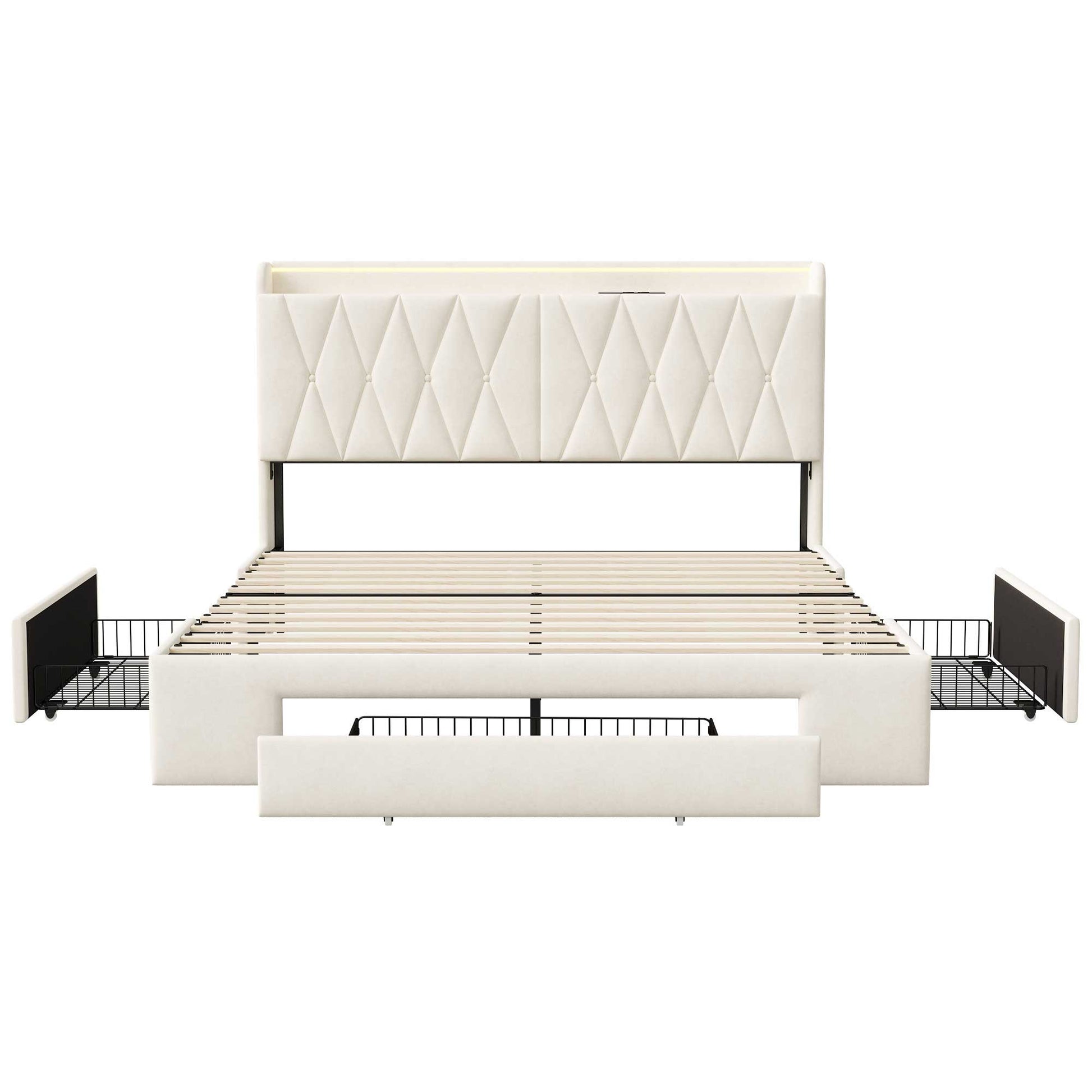 Yelenaro Samtbett mit drei Rollenschubladen, LED-Beleuchtung und USB-Ladebuchsen – funktionales Stauraumbett in elegantem Design.