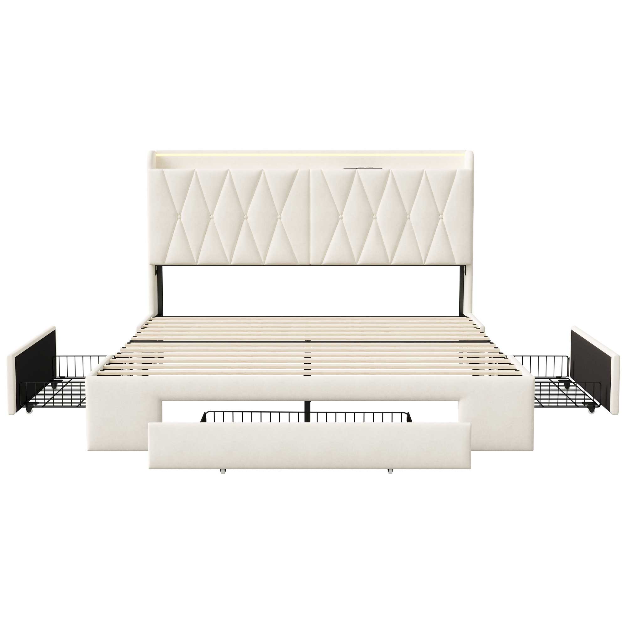 Yelenaro Samtbett mit drei Rollenschubladen, LED-Beleuchtung und USB-Ladebuchsen – funktionales Stauraumbett in elegantem Design.