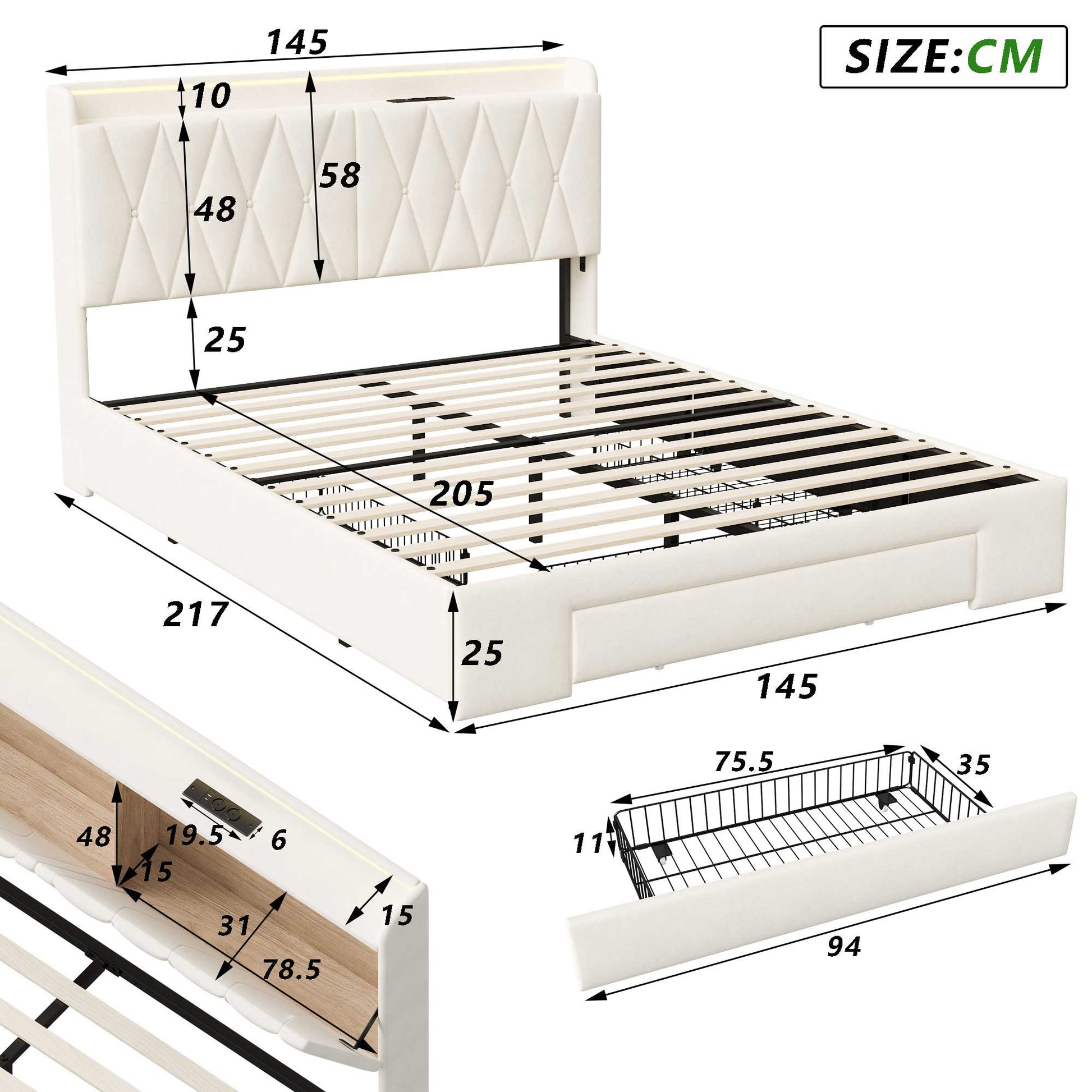 Abmessungen des Yelenaro Samtbetts 140x200 cm – Funktionsbett mit LED-Licht, USB-Anschluss und großem Stauraum unter dem Bett.