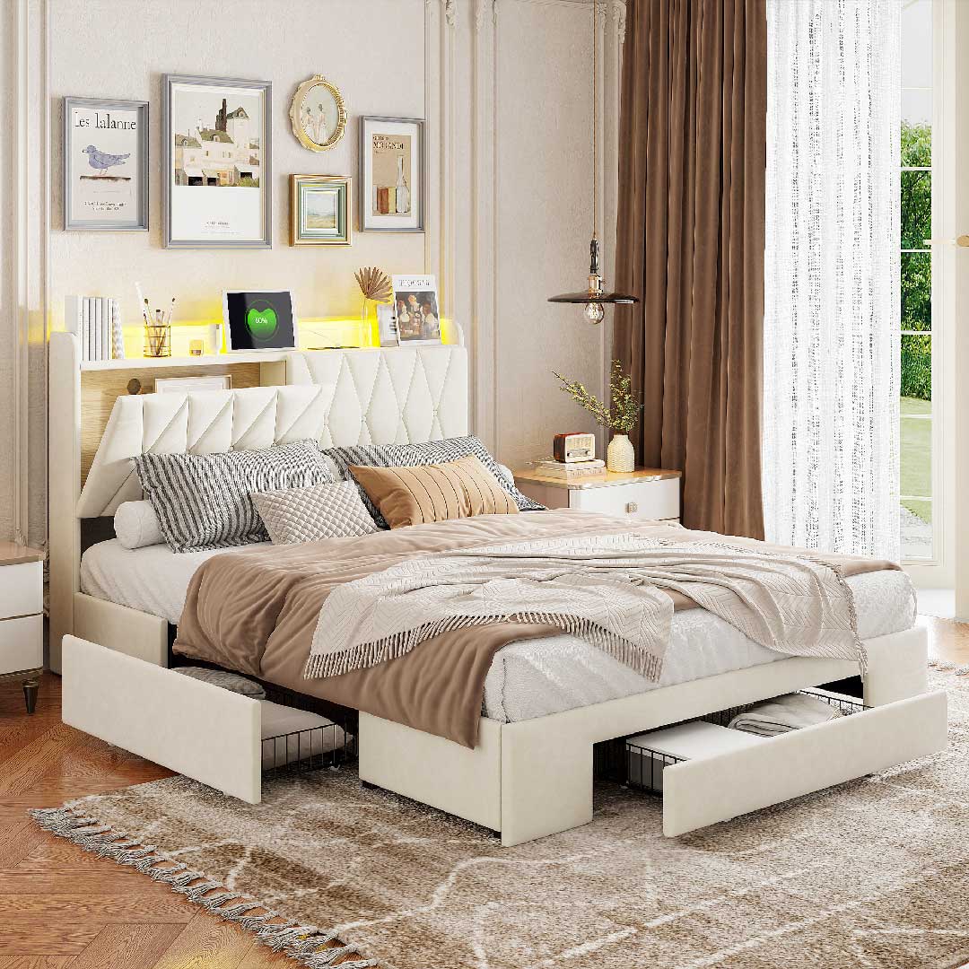 Yelenaro Samtbett 140/160×200 cm mit LED, USB & 3 Schubladen