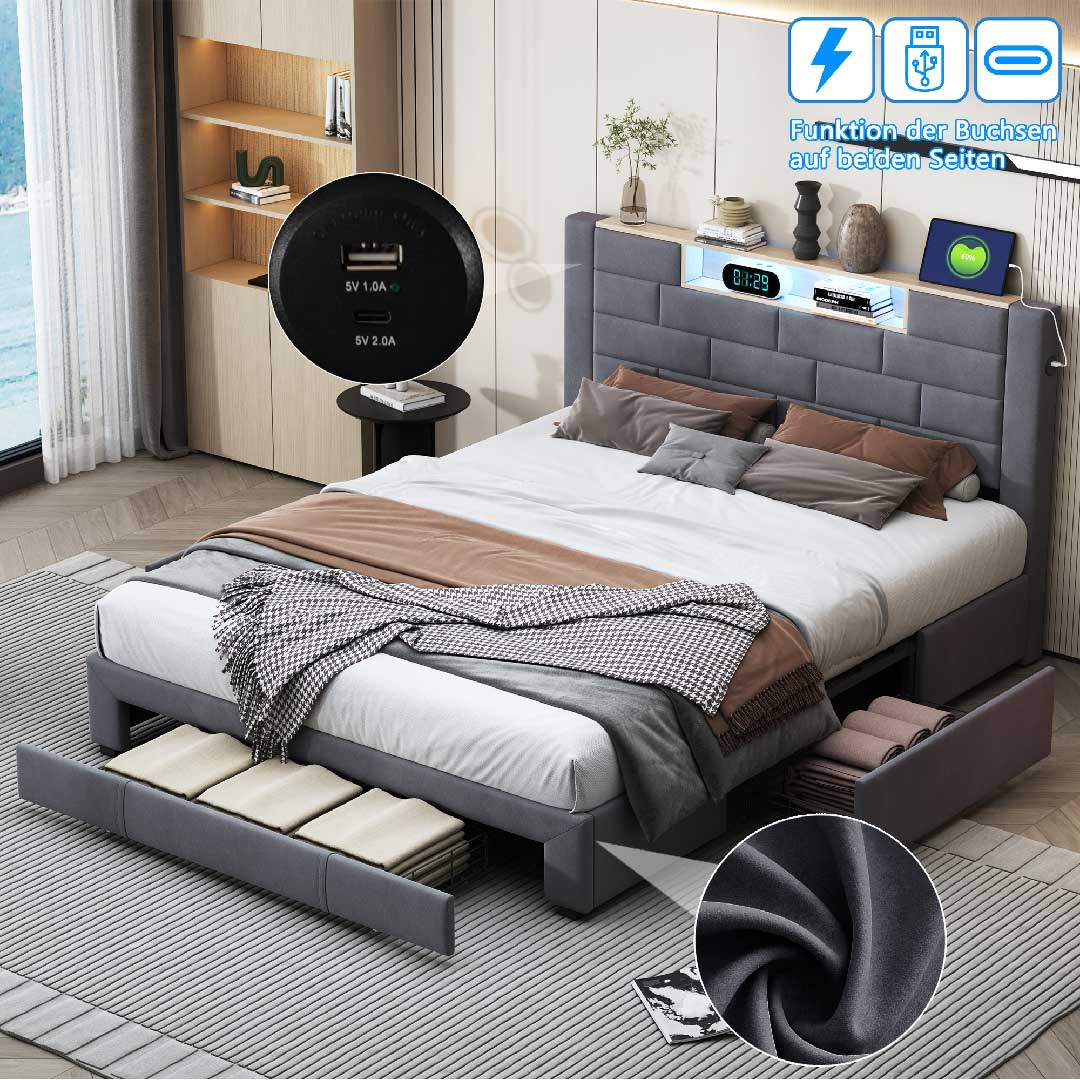Yelenaro Samt Polsterbett mit USB-Anschluss und LED-Beleuchtung – modernes Funktionsbett mit Stauraum und grauem Samtbezug für stilvolle Schlafzimmer.