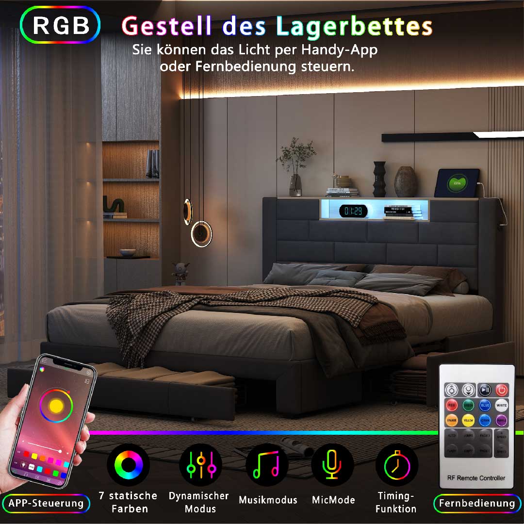 Yelenaro Samtbett mit RGB-LED-Beleuchtung, App- und Fernbedienungssteuerung – modernes Polsterbett mit Farbwechsel-Licht und Stauraum.
