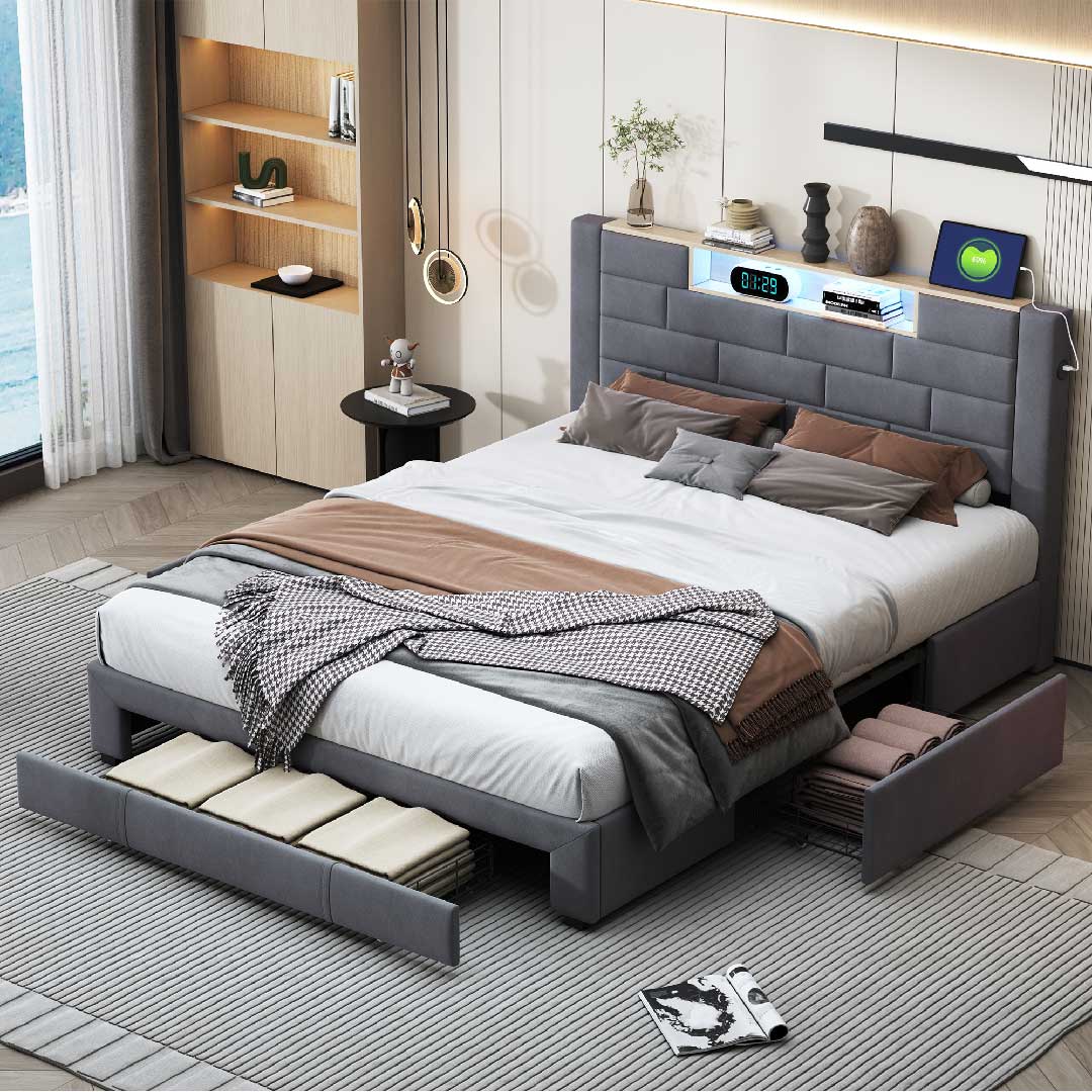 Graues Yelenaro Samtbett mit LED-Licht, USB-Anschluss und großem Stauraum – modernes Bett mit drei Rollenschubladen und edlem Polsterkopfteil.