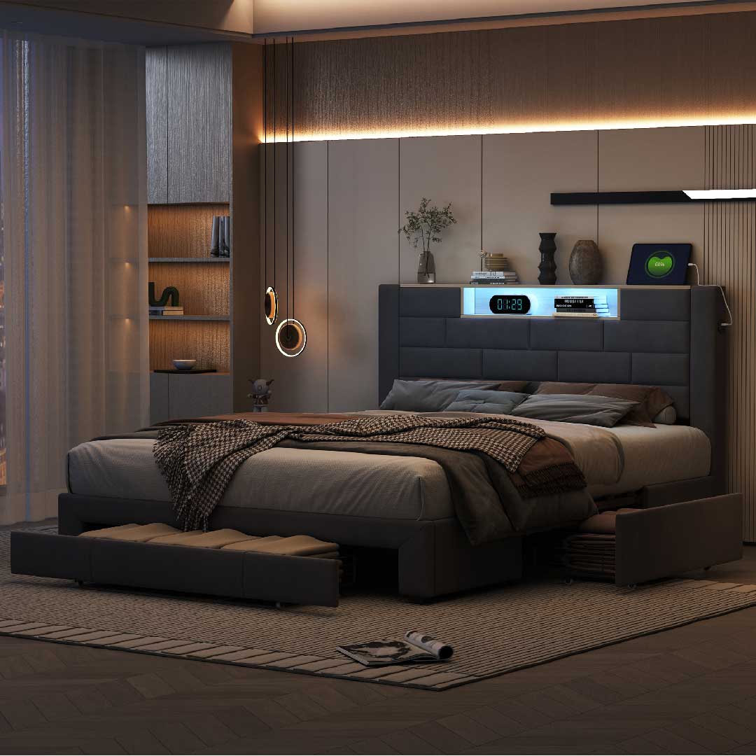 Modernes Yelenaro Samt Polsterbett mit dimmbarer LED-Beleuchtung – elegantes Schlafzimmer mit warmem Licht und praktischen Schubladen.