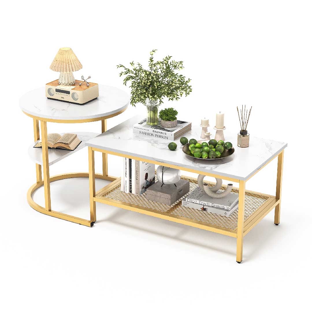 Yelenaro Couchtisch 2er Set – Marmoroptik Gold & Schwarz mit Stauraum