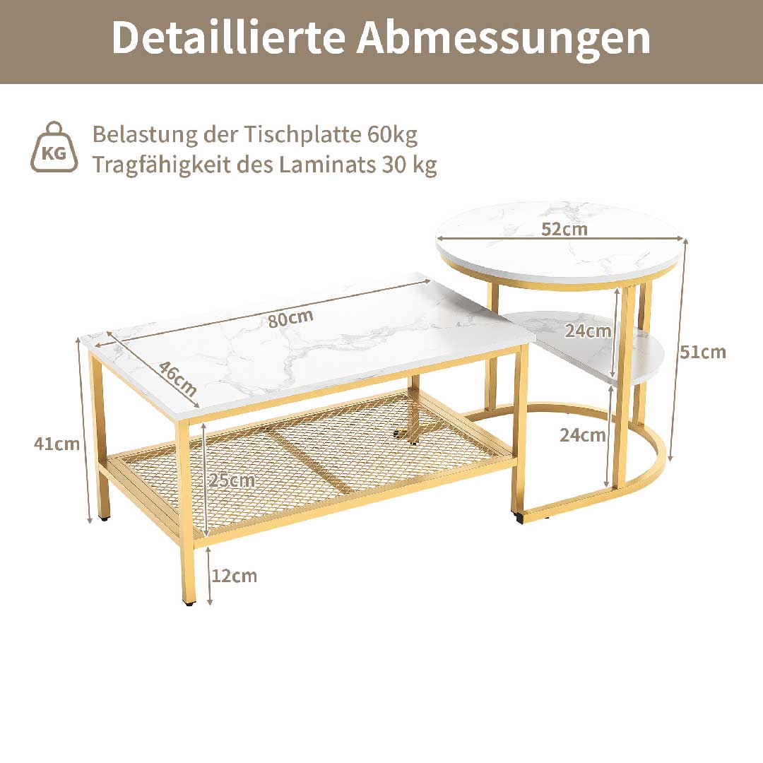 Yelenaro Couchtisch 2er Set – Marmoroptik Gold & Schwarz mit Stauraum