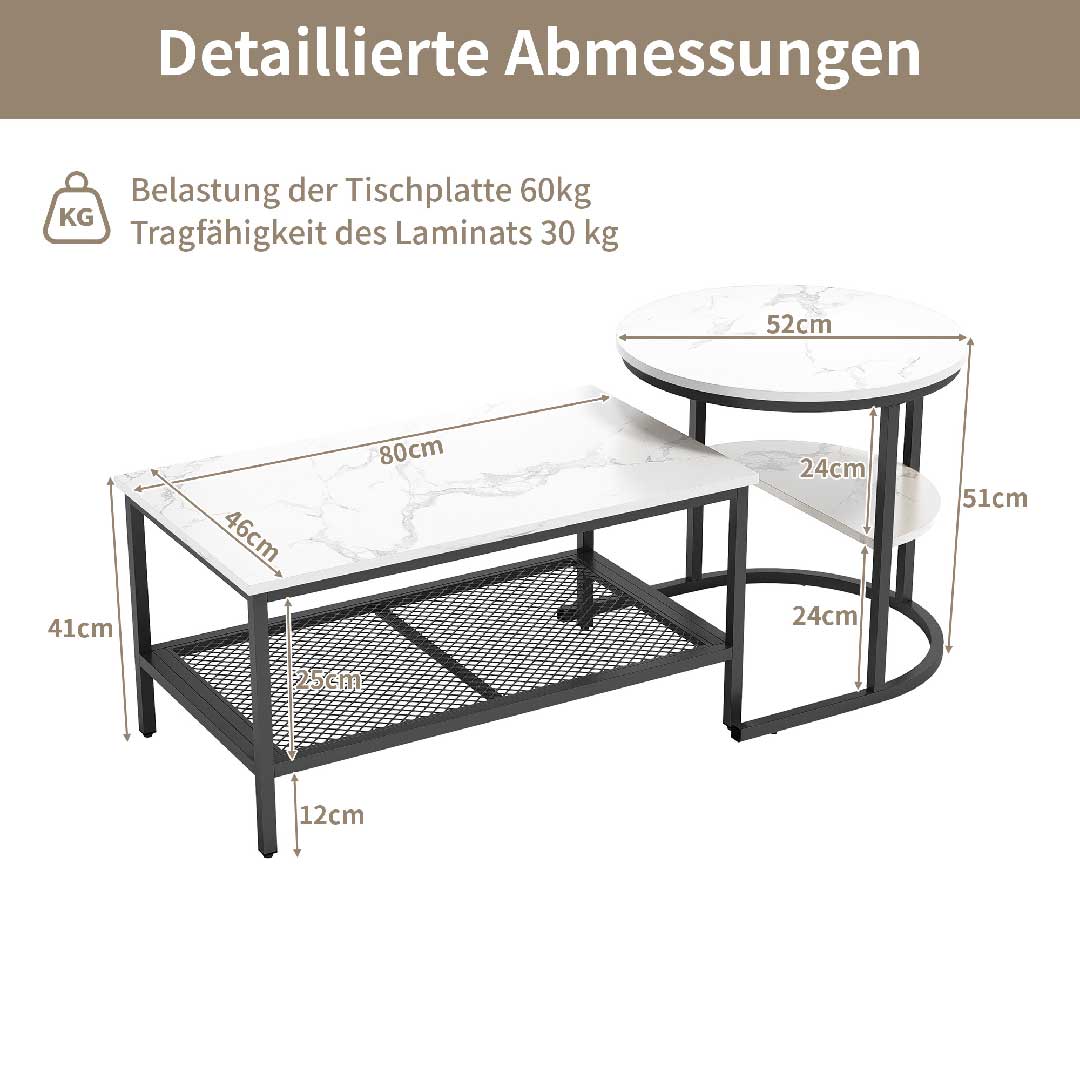 Yelenaro Couchtisch 2er Set – Marmoroptik Gold & Schwarz mit Stauraum