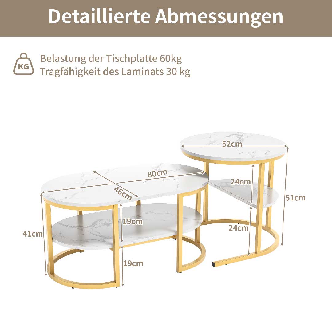 Yelenaro Couchtisch 2er Set – Marmoroptik Gold & Schwarz mit Stauraum