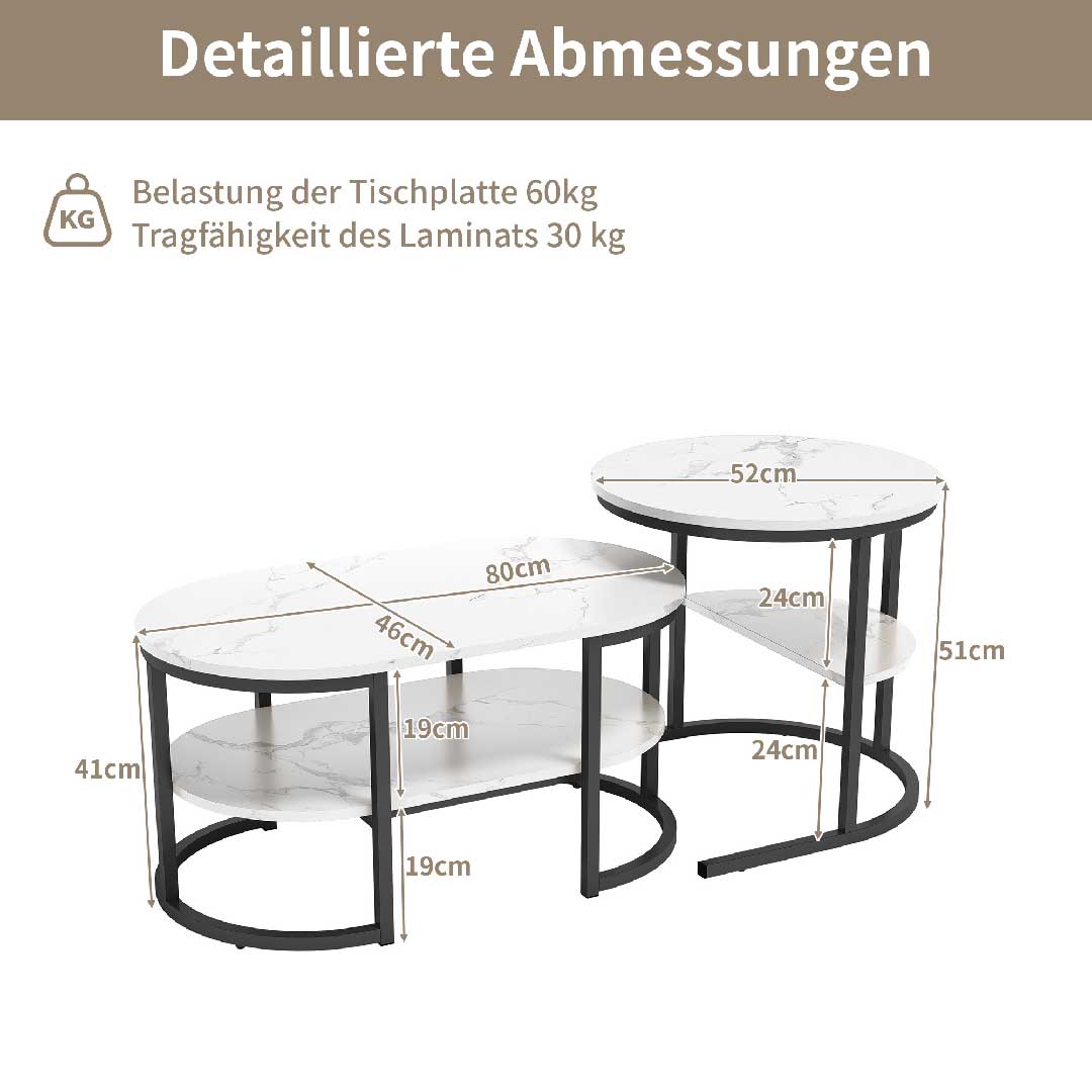 Yelenaro Couchtisch 2er Set – Marmoroptik Gold & Schwarz mit Stauraum
