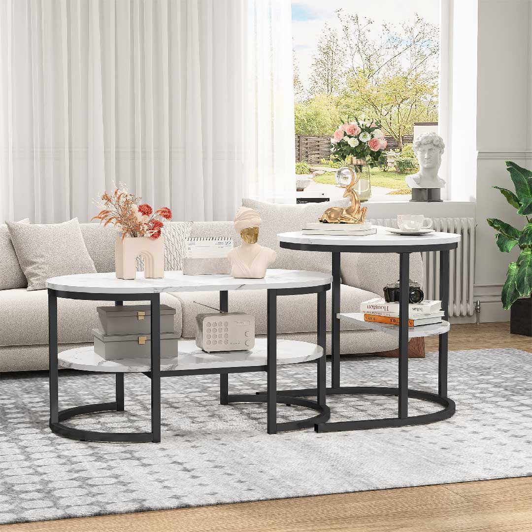 Yelenaro Couchtisch 2er Set – Marmoroptik Gold & Schwarz mit Stauraum