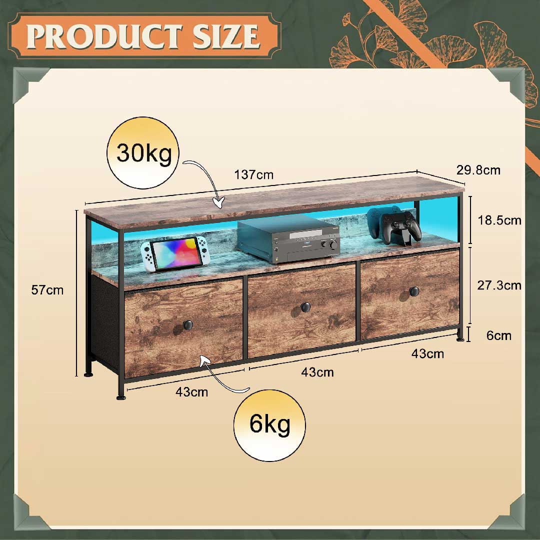 Yelenaro Retro TV-Schrank 137 cm mit LED & Stoffschubladen