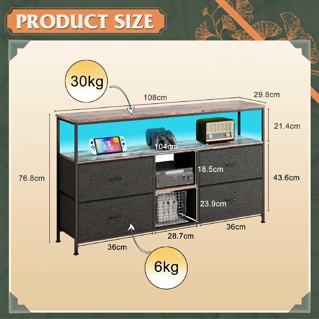 Yelenaro TV-Schrank 108 cm mit LED & 4 Stoffschubladen