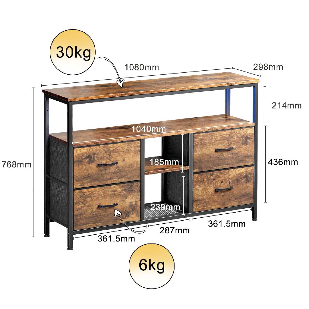 Yelenaro TV-Schrank 108 cm mit LED & 4 Stoffschubladen