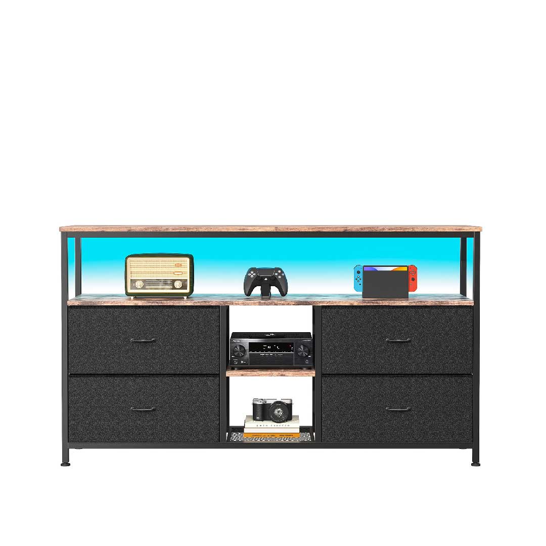 Yelenaro TV-Schrank 137 cm mit LED & 4 Stoffschubladen, Retro Lowboard