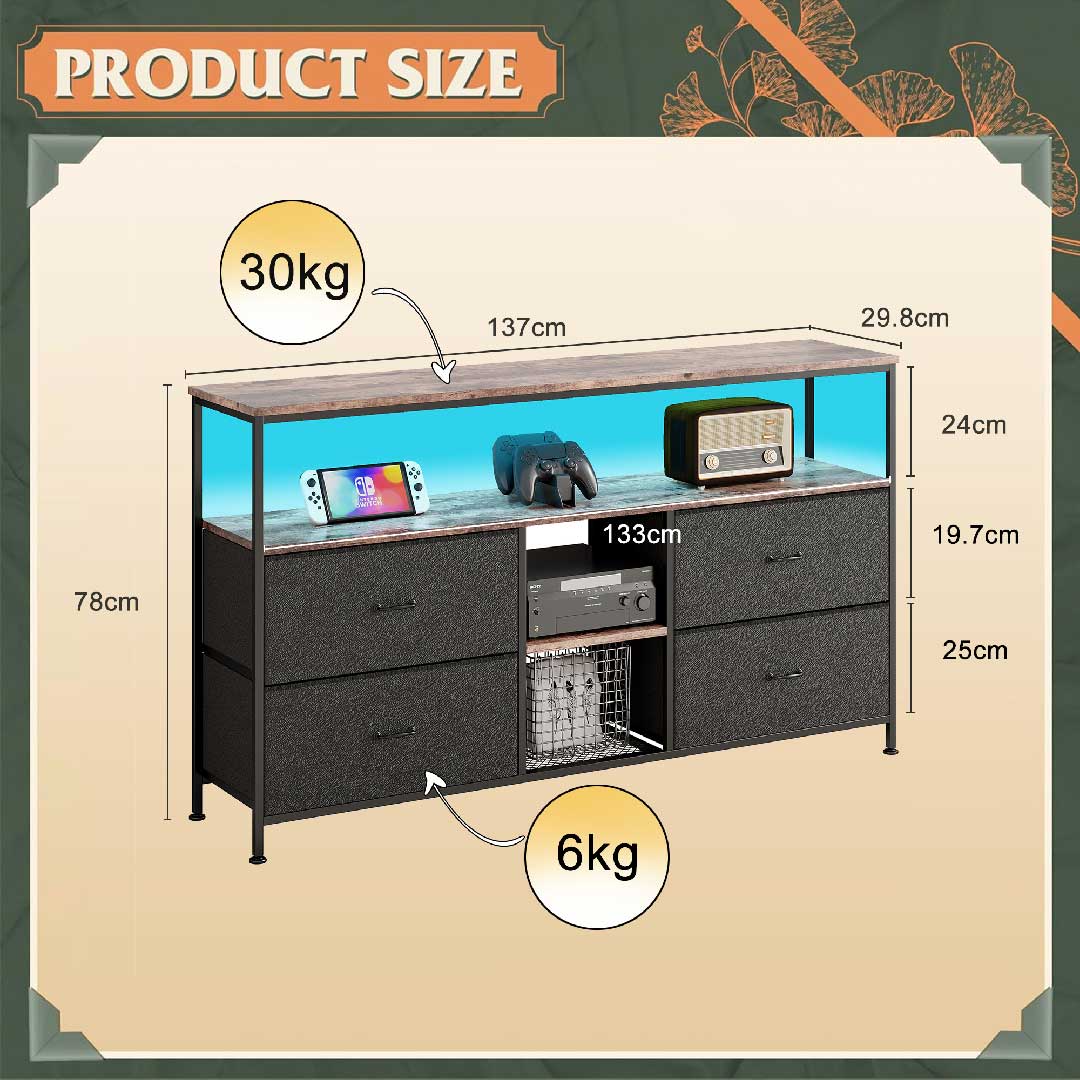 Yelenaro TV-Schrank 137 cm mit LED & 4 Stoffschubladen, Retro Lowboard