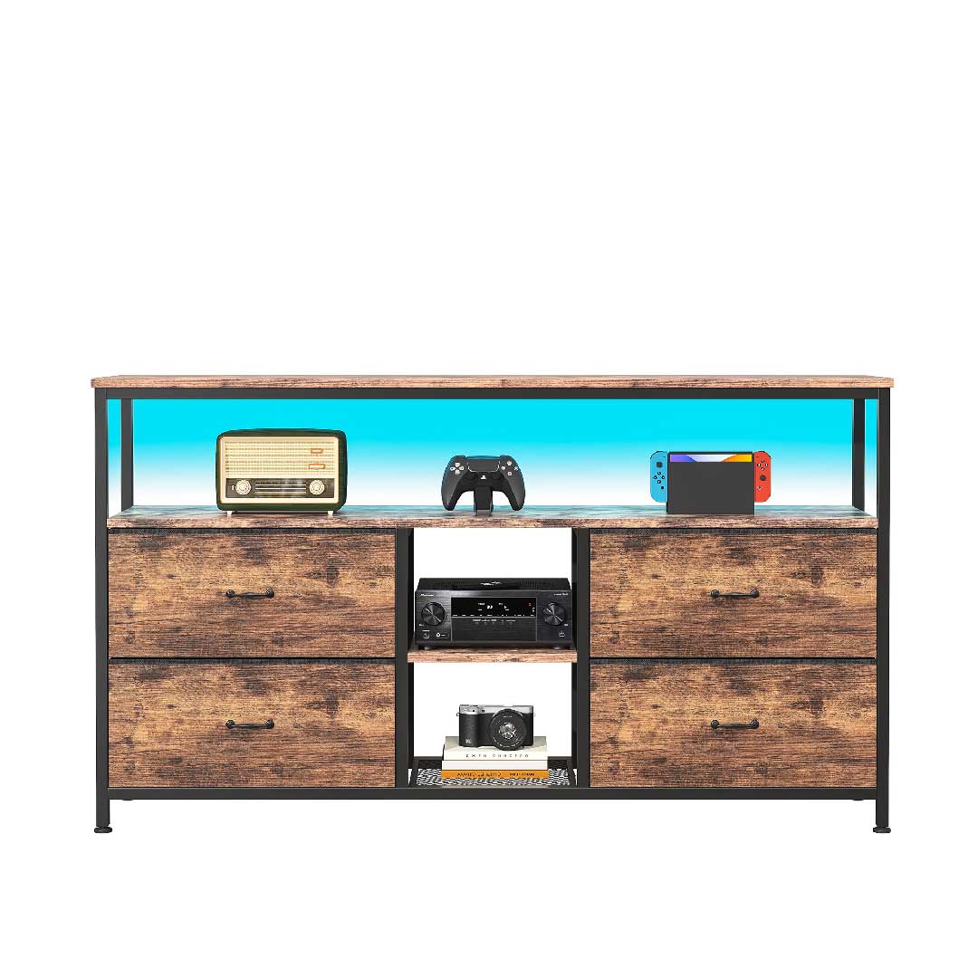 Yelenaro TV-Schrank 137 cm mit LED & 4 Stoffschubladen, Retro Lowboard