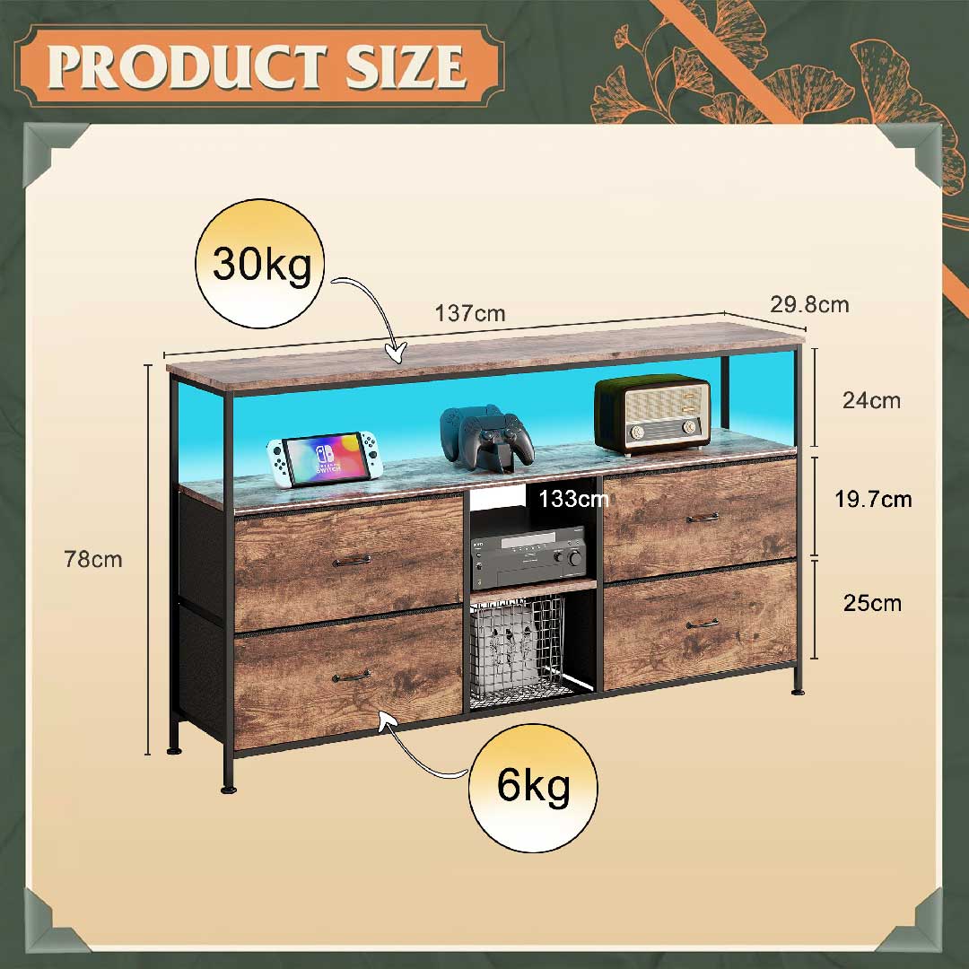 Yelenaro TV-Schrank 137 cm mit LED & 4 Stoffschubladen, Retro Lowboard