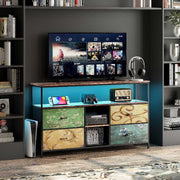 Yelenaro TV-Schrank 137 cm mit LED & 4 Stoffschubladen, Retro Lowboard