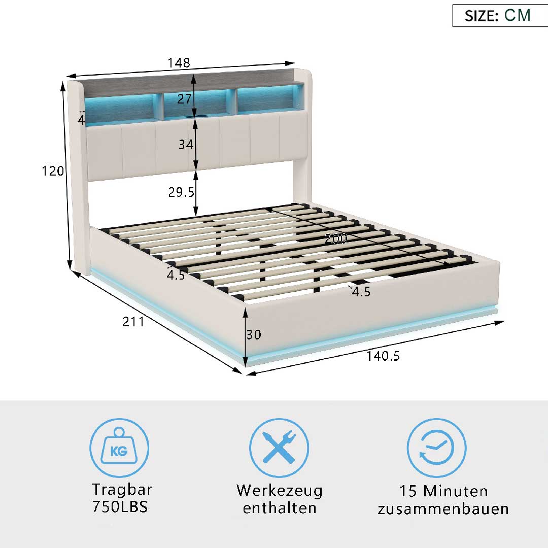 Hydraulisches Stauraumbett 140x200 cm mit LED und USB – Maßzeichnung des gepolsterten Bettrahmens mit Lattenrost und Bettkasten