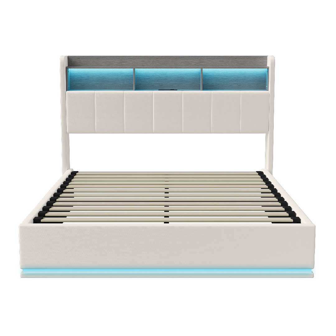 Yelenaro Polsterbett 140/160x200 cm mit LED-Beleuchtung und USB-Anschluss – modernes Stauraumbett mit integriertem Lattenrost