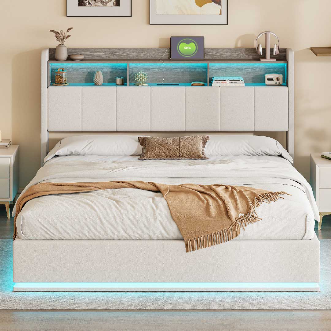 Modernes Stauraumbett 140/160x200 cm mit LED-Kopfteil und USB – gepolstertes Polsterbett im Schlafzimmer