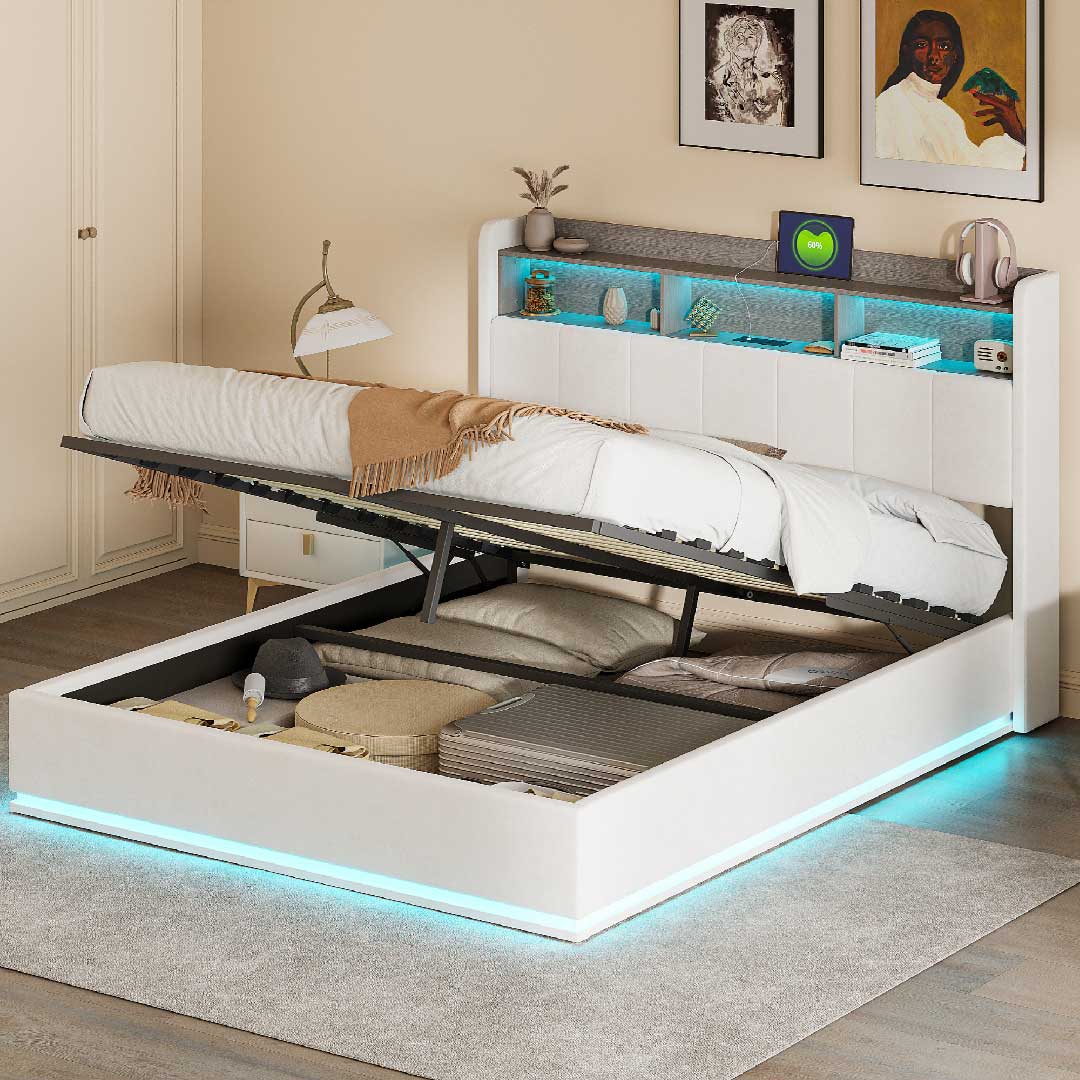 Stauraumbett mit hydraulischem Lattenrost – viel Stauraum unter dem Bett, Polsterbett 140/160x200 cm