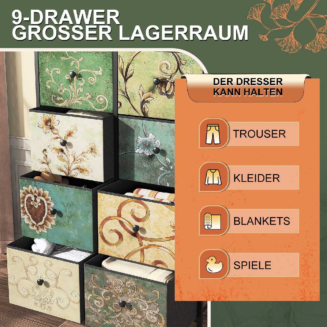 Yelenaro Schmale Kommode 8 Schubladen, Boho Vintage