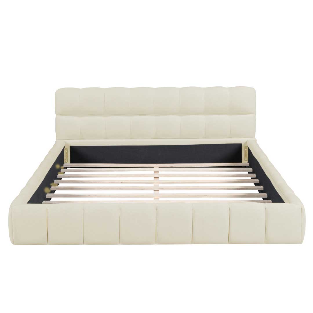 Yelenaro Polsterbett 160x200 in Beige – modernes Bubble-Bett mit gepolstertem Kopfteil und stabilem Lattenrost.
