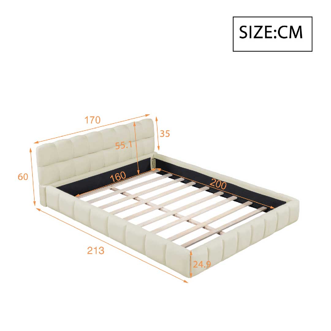 Maße des Yelenaro Polsterbetts 160x200 cm – modernes Doppelbett mit gepolstertem Rahmen und stabilem Holzlattenrost.