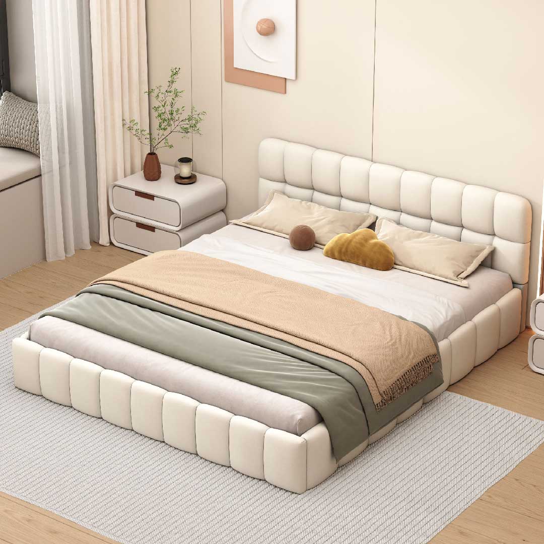 Modernes Schlafzimmer mit Yelenaro Bubble-Polsterbett 160x200 in Beige – minimalistisches Design mit weichen Linien.
