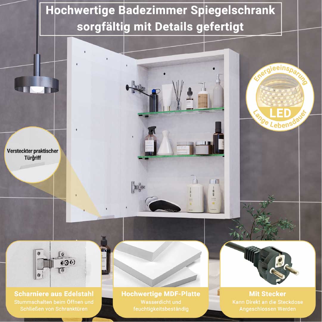 Yekenaro LED Spiegelschrank 70x50 cm mit Touch & Stauraum