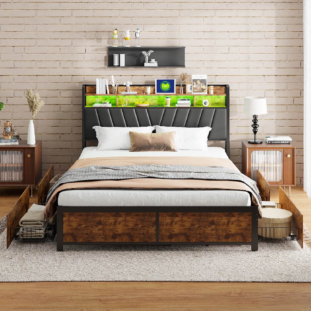 Yelenaro Industrie-Stil LED-Bett 160×200 / 180×200 cm – Metall-Holz Bettgestell mit Stauraum, USB-Ladefunktion & RGB Beleuchtung
