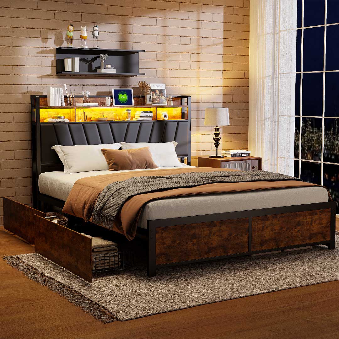 Yelenaro Industrie-Stil LED-Bett 160×200 / 180×200 cm – Metall-Holz Bettgestell mit Stauraum, USB-Ladefunktion & RGB Beleuchtung