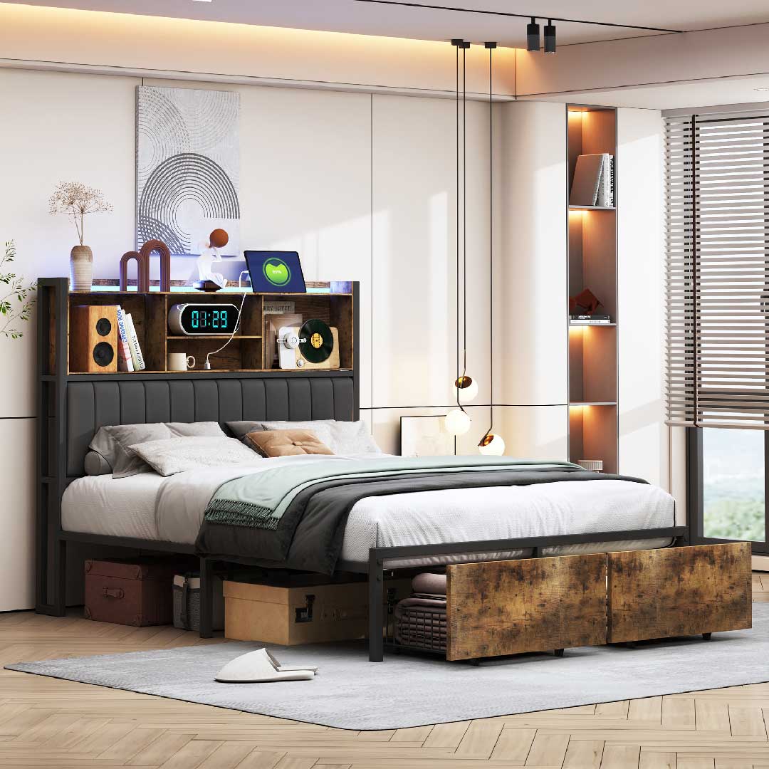 Metall-Holz-Bett mit ausziehbaren Schubladen für praktischen Stauraum im Schlafzimmer