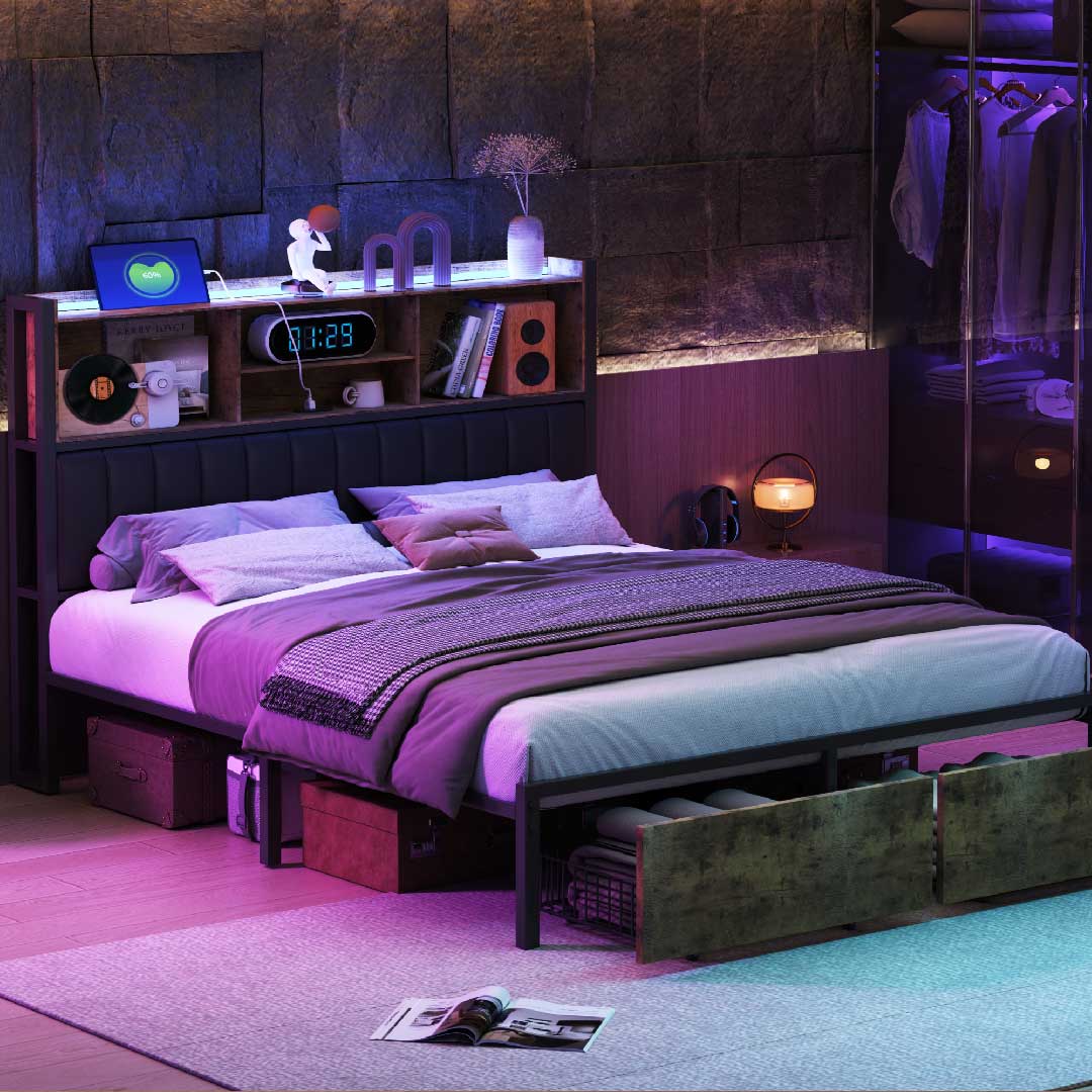 Bett mit integriertem Kopfteil-Regal und USB-Ladefunktion für Handy und Tablet