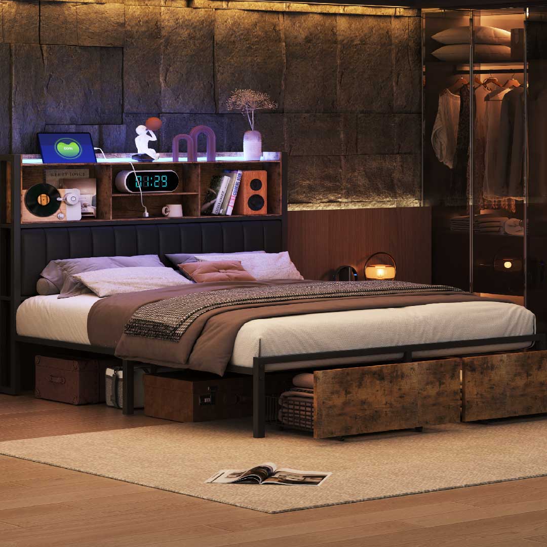 LED-Bett mit warmem Licht, Stauraum und USB-Ladestation für modernes Wohnen