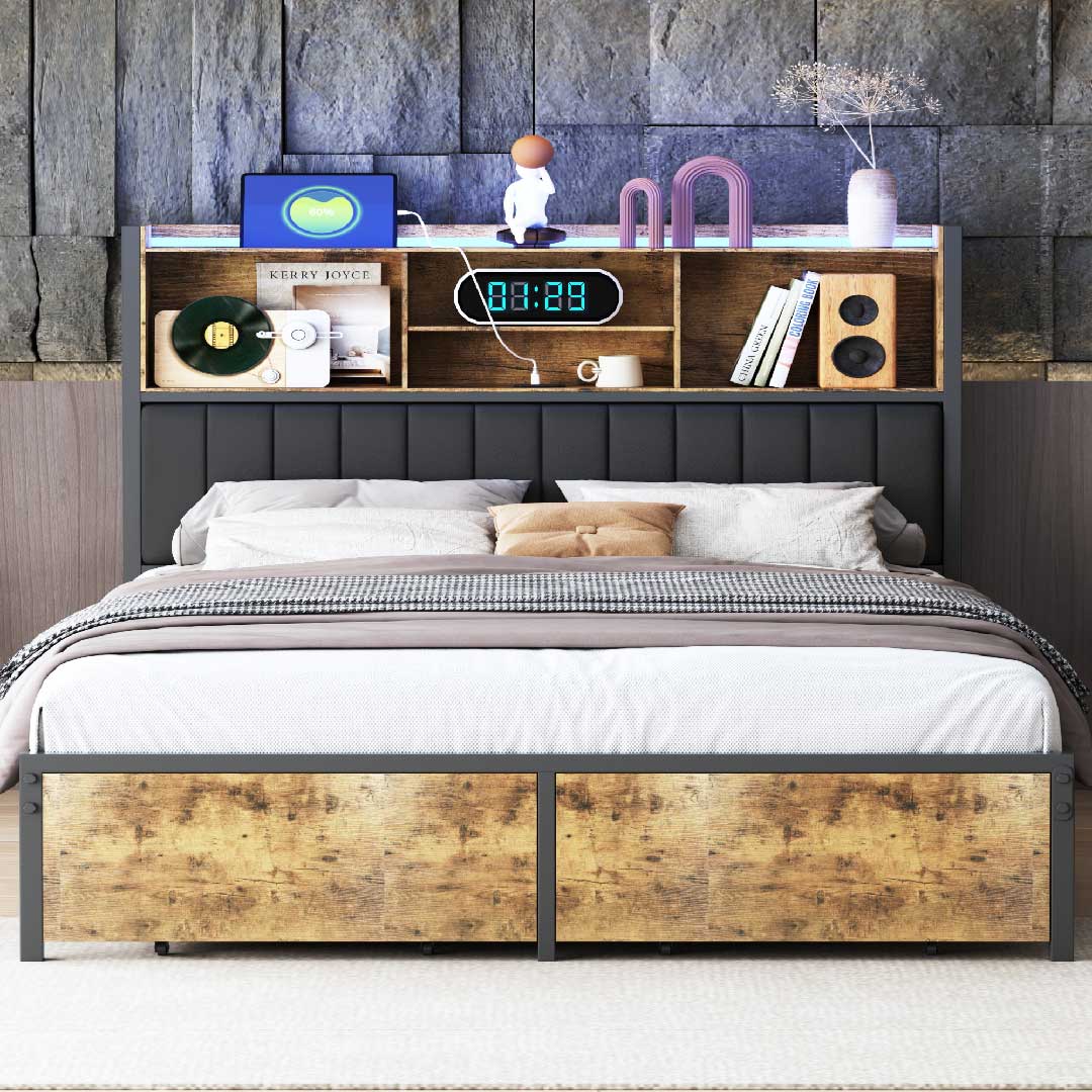 Modernes Metall-Holz-Bett mit LED-Beleuchtung und Stauraum, ideal für zeitgemäße Schlafzimmer