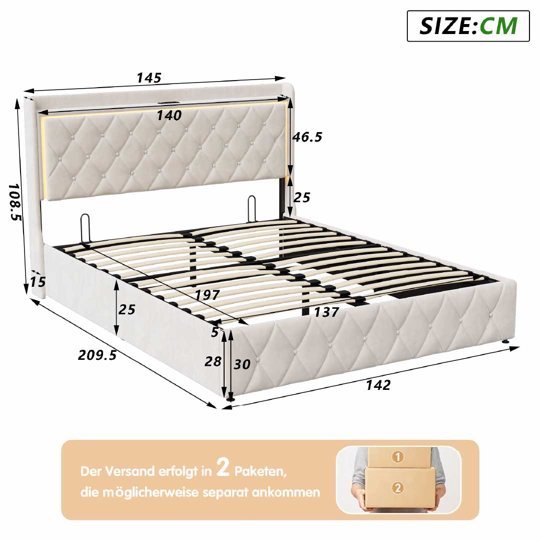 Yelenaro Polsterbett mit LED & Bettkasten – Stauraumbett mit Gasdruckfeder & USB